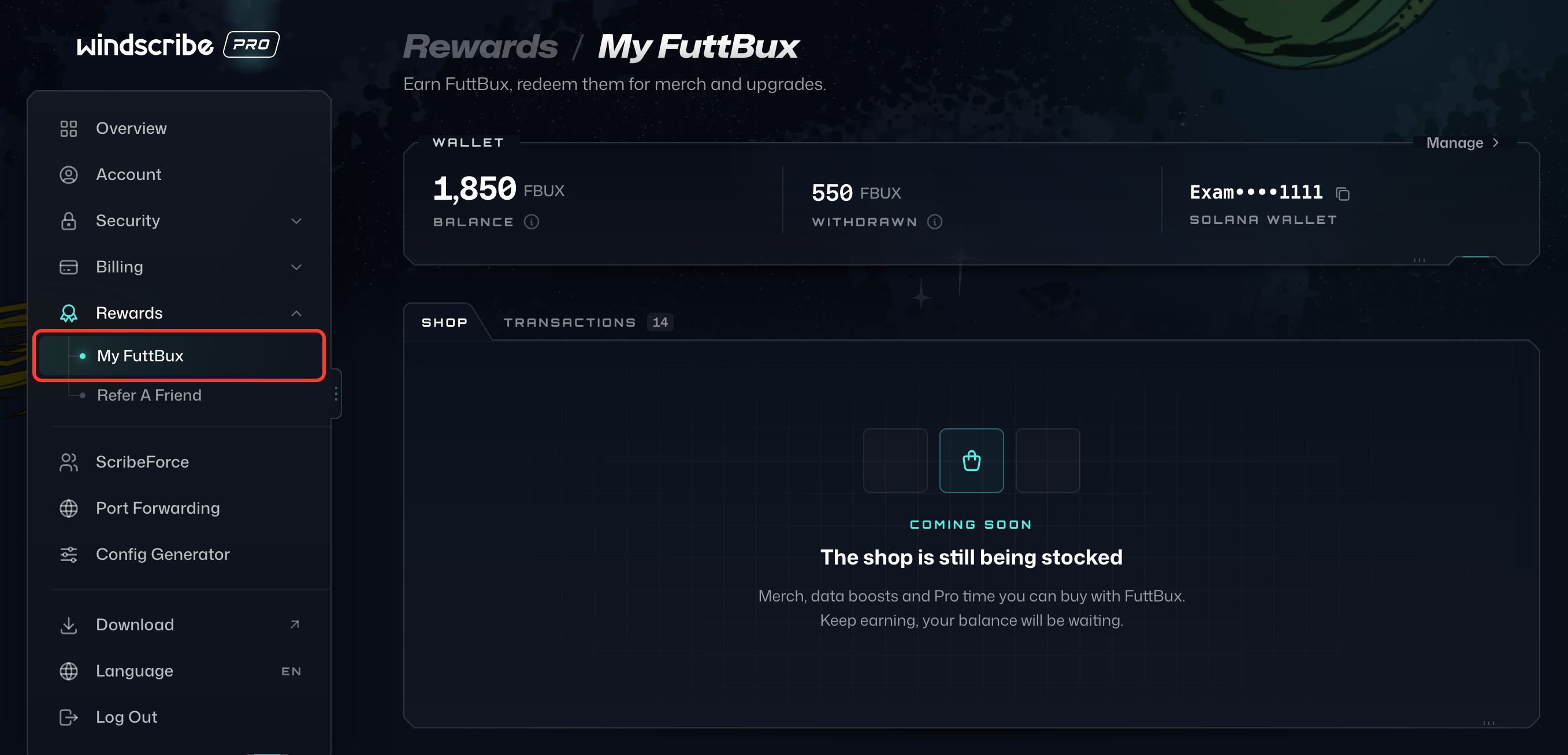 My FuttBux under Rewards in the My Account sidebar