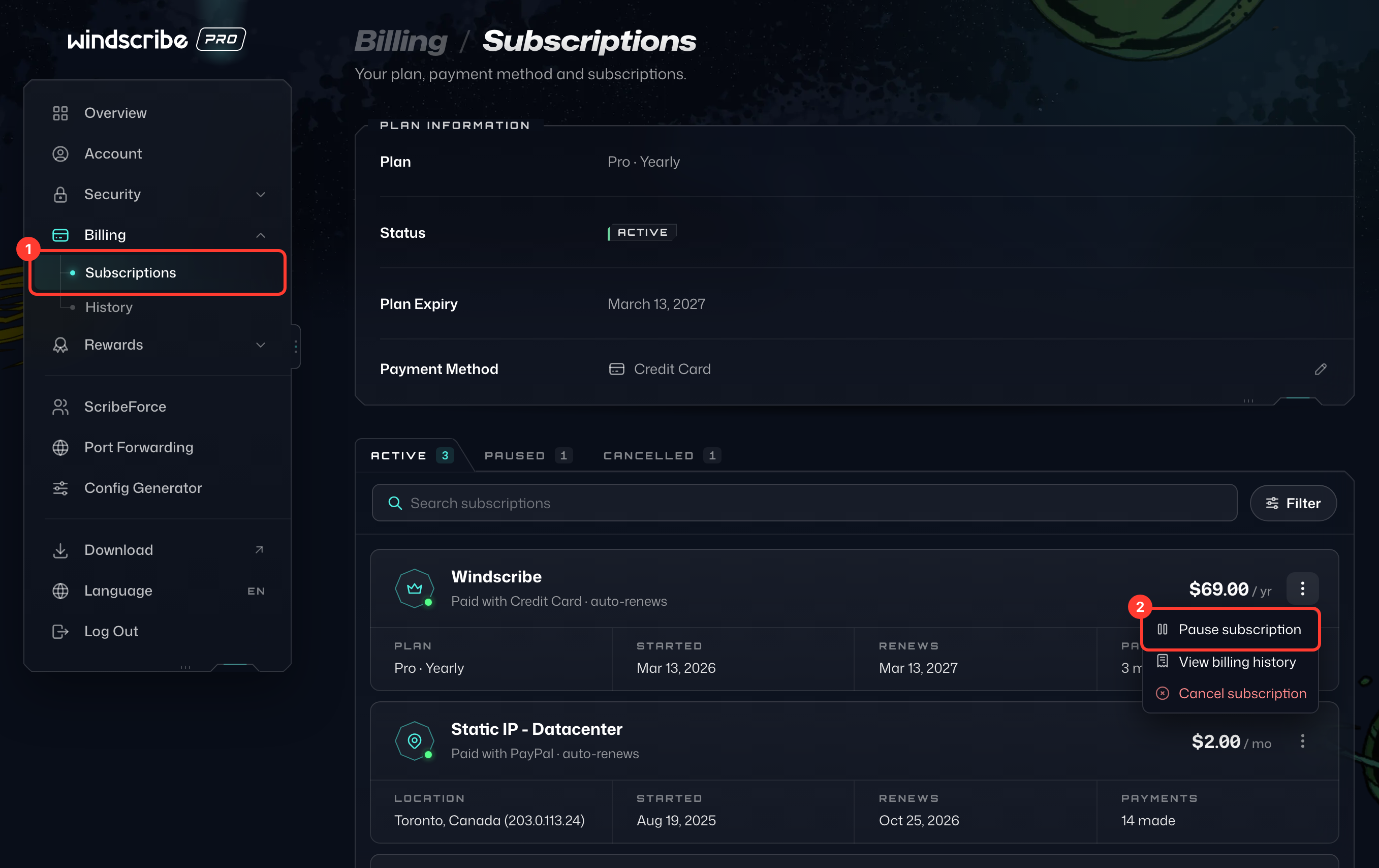 Subscriptions under Billing in My Account, with Subscriptions highlighted in the sidebar and Pause subscription highlighted in a subscription's ⋮ menu
